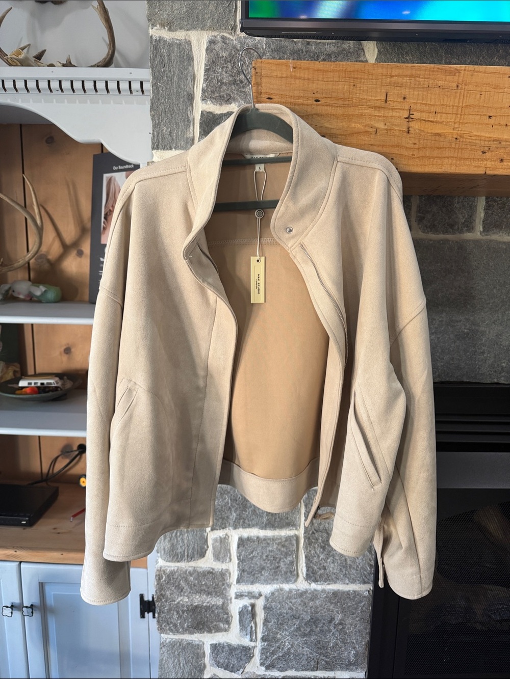 Max Studio Light Beige Bomber Jacket with Snap Collar